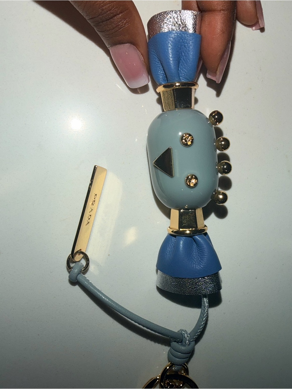 Prada Kids Light Blue Leather Charm Keychain with Gold Accents - Picture 3 of 6